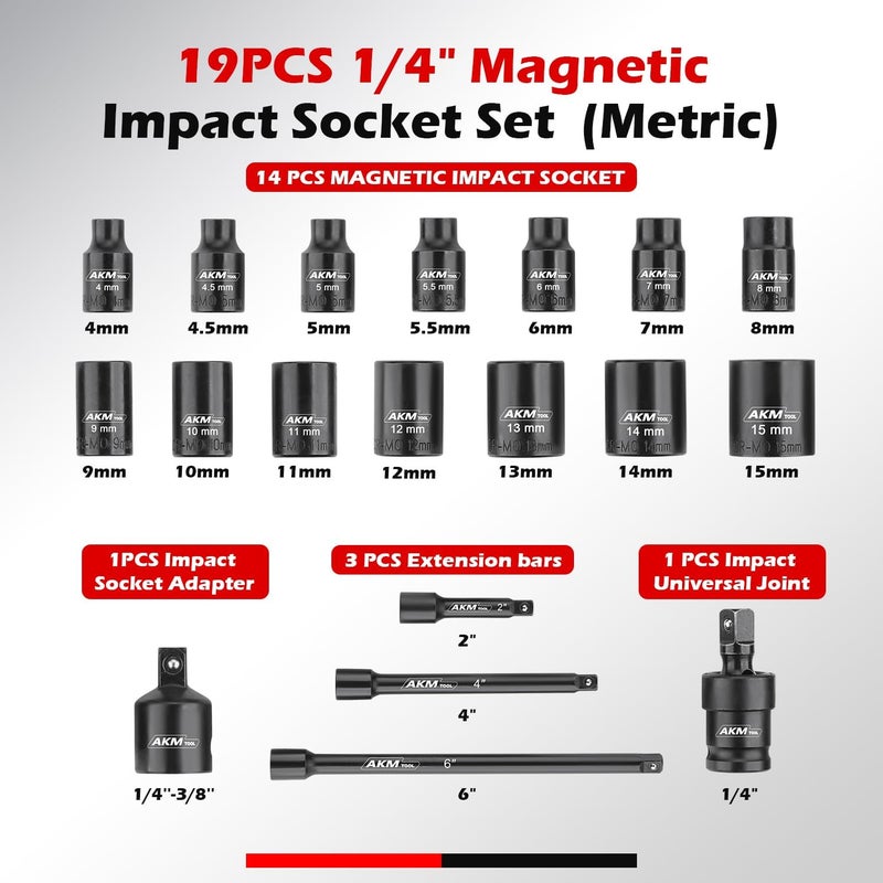 AKM TOOL 1/4 Inch Drive Magnetic Impact Socket Set, 19-Piece Metric, 4mm-15mm, 6 Point, Cr-Mo, Square Drive, Magnetic Socket with Adapter, Universal Joint & Extension - Image 2